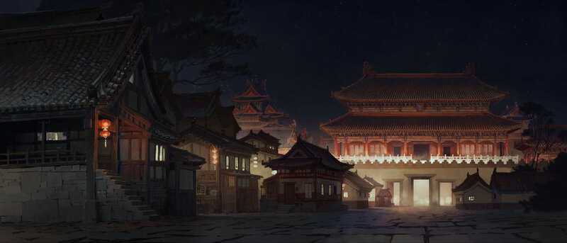 Ancient Asian Town at Night — Black