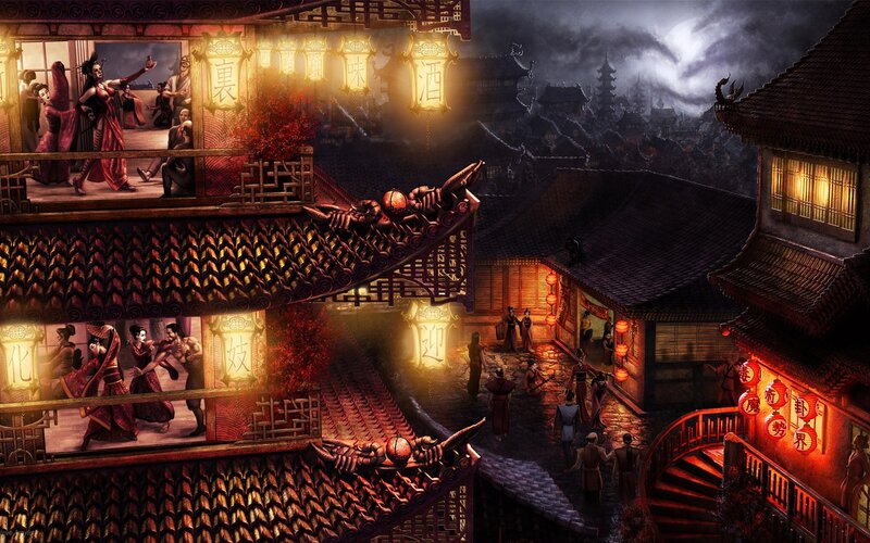 Ancient Asian Town at Night — Red