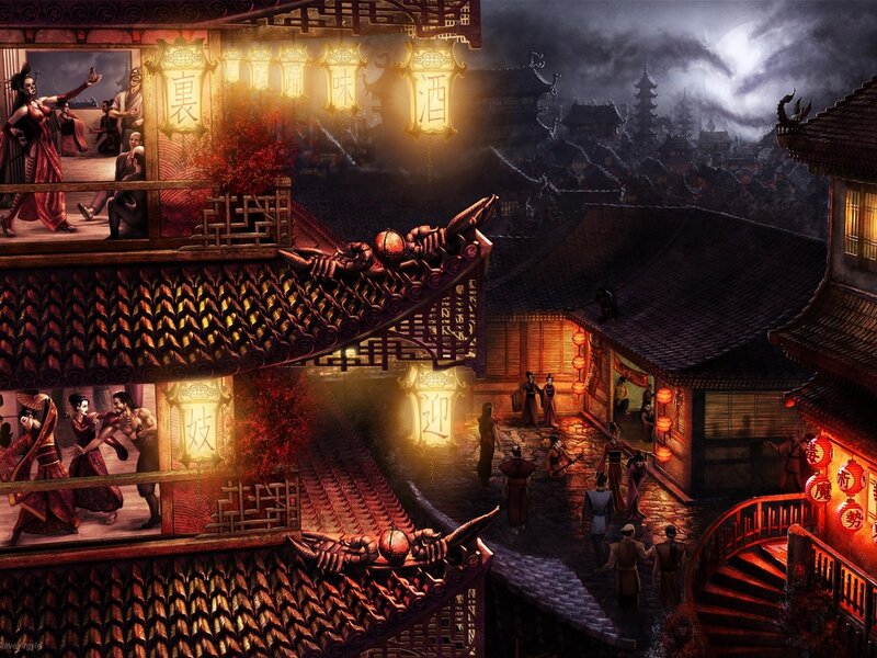 Ancient Asian Town at Night