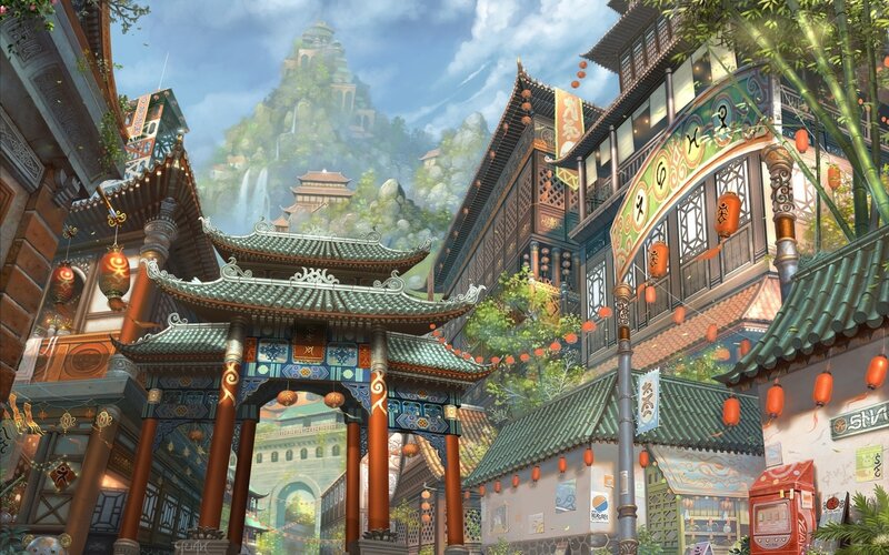 ancient asian town with mountain