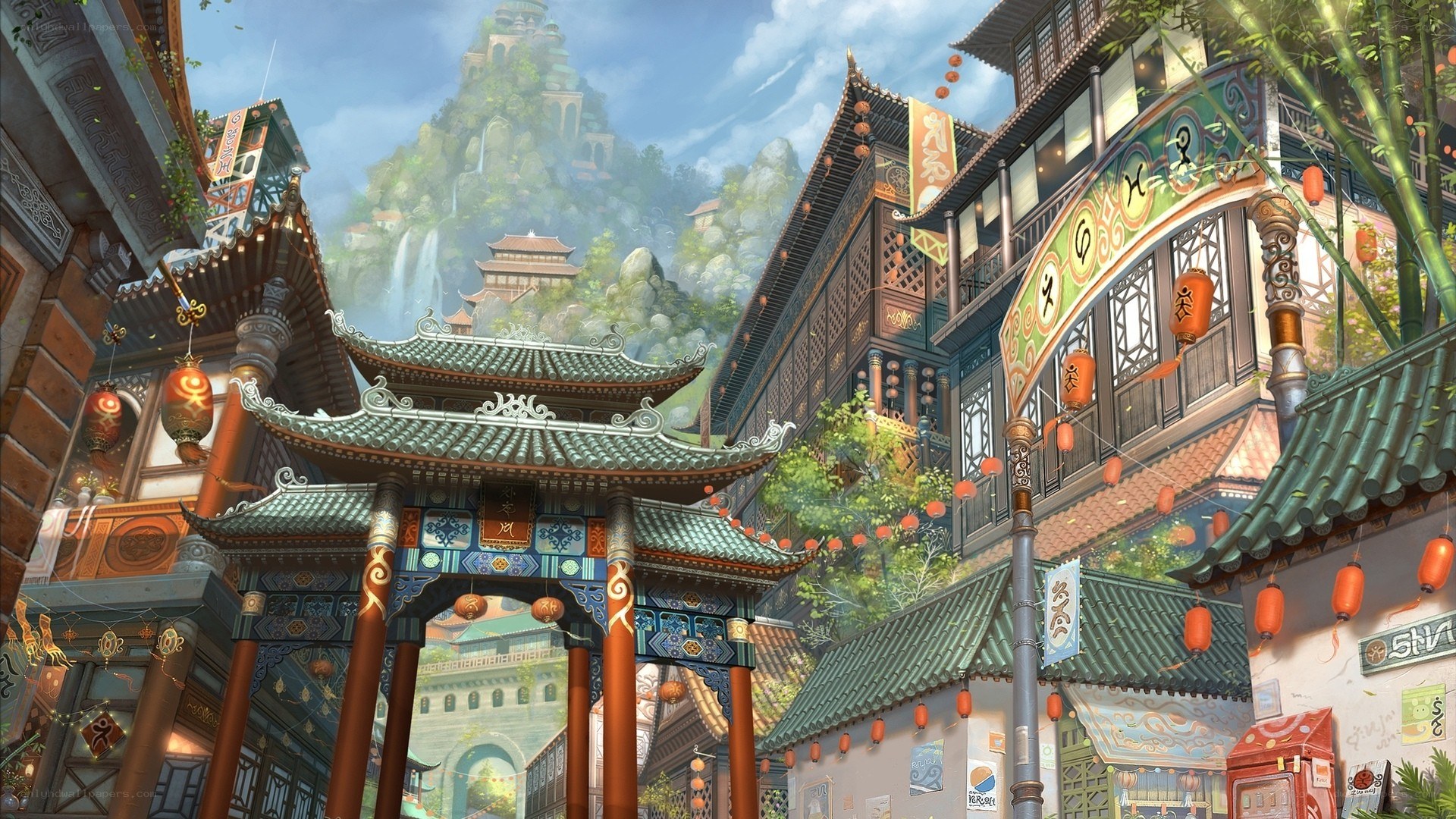 ancient asian town with mountain