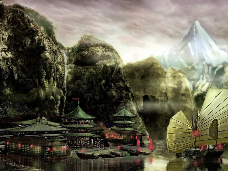 Ancient Asian village by the river