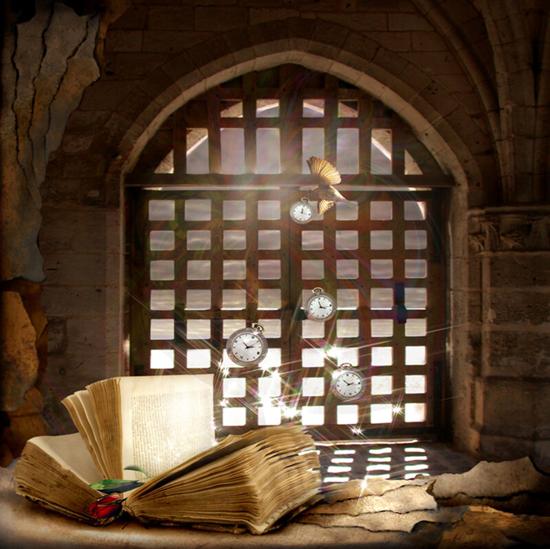 ancient book and floating clocks