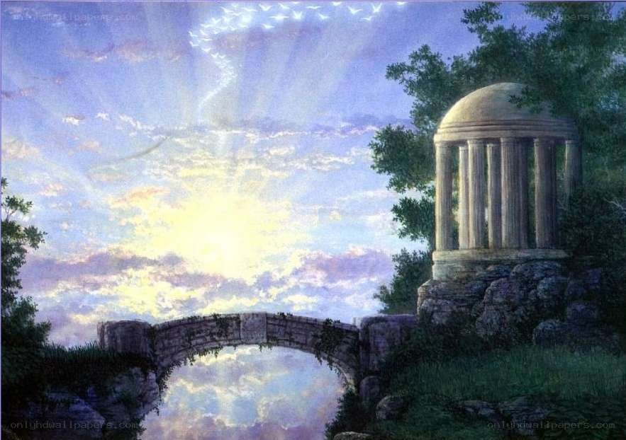Ancient bridge and temple at dawn