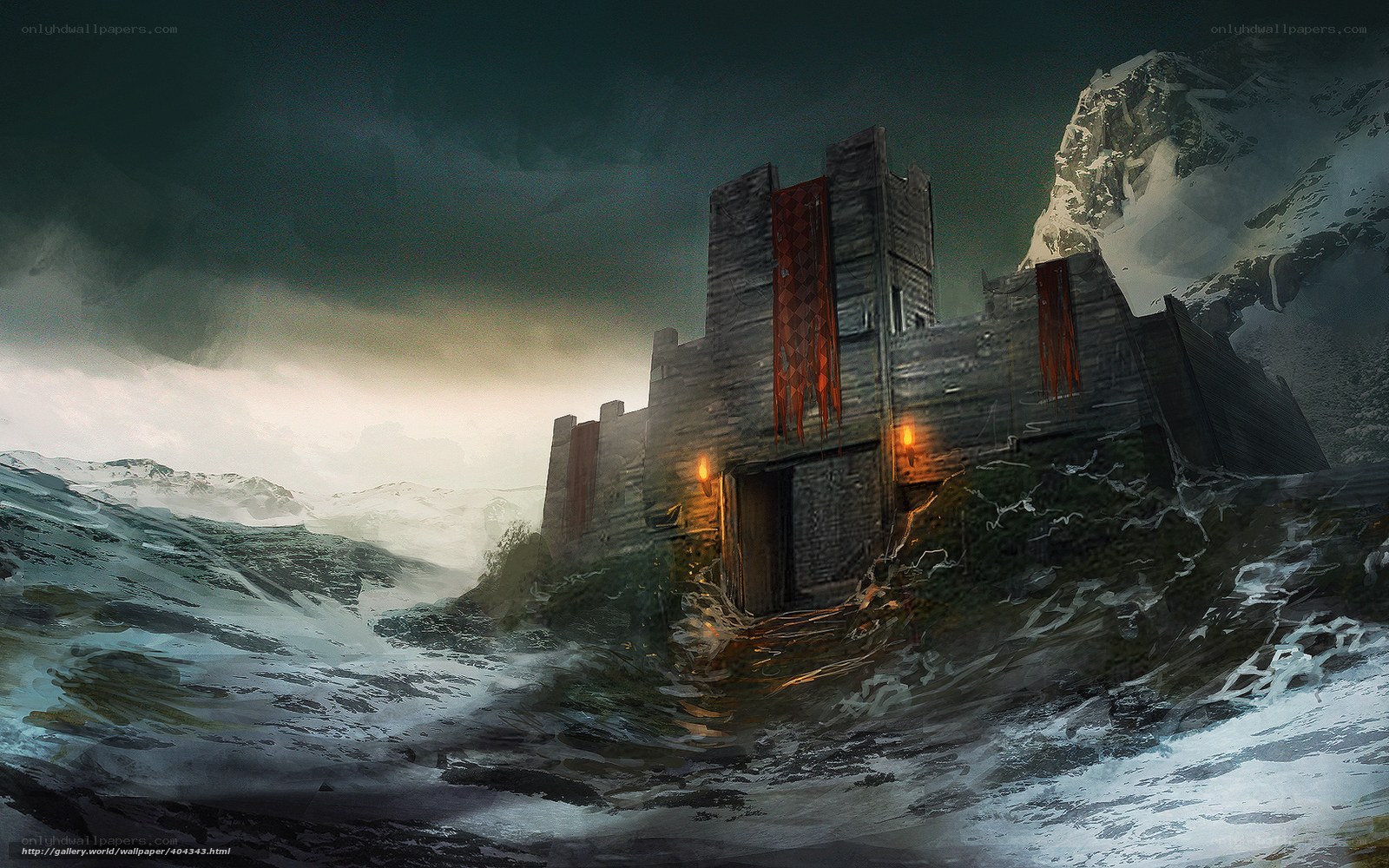 Ancient castle in stormy mountains