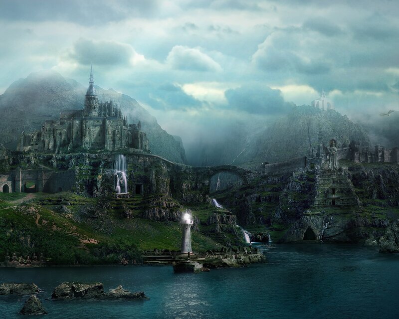 Ancient Castle on Cliff — Green, Dramatic, Digital Art