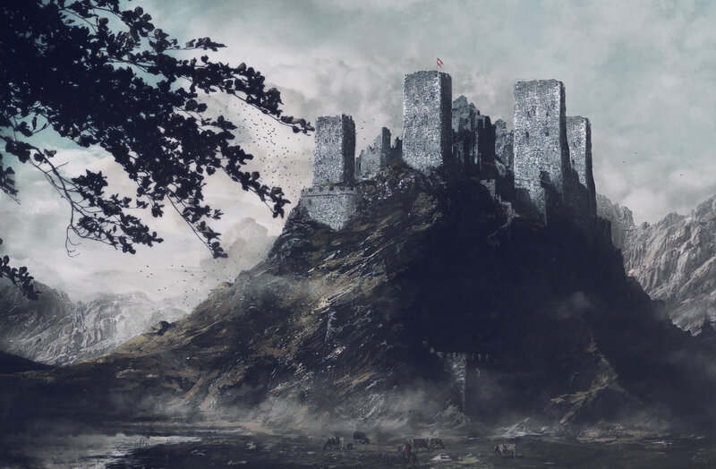 Ancient Castle on Mountain — Gray, Dramatic