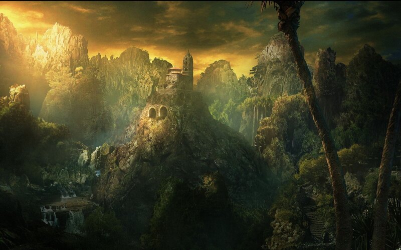 Ancient Castle on Mountain — Green, Dramatic, Sunset, Digital Art, Forest