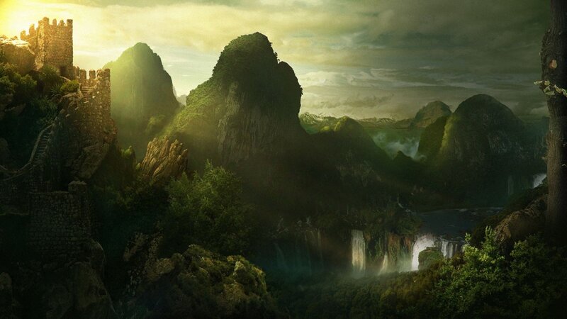 Ancient Castle on Mountain — Green, Dramatic, Sunset, Digital Art