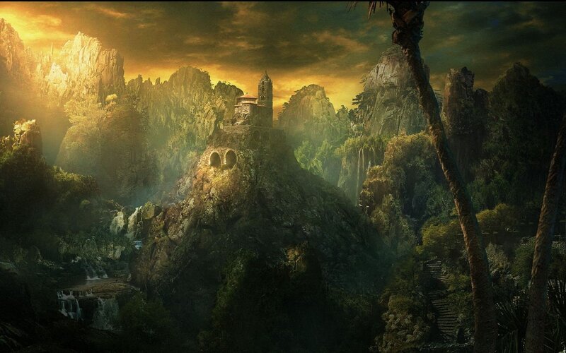 Ancient Castle on Mountain — Green, Dramatic, Sunset