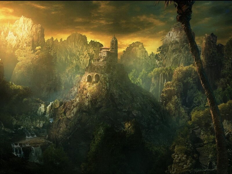 Ancient Castle on Mountain — Green, Dramatic