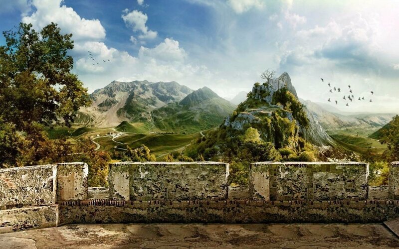 Ancient Castle on Mountain — Green