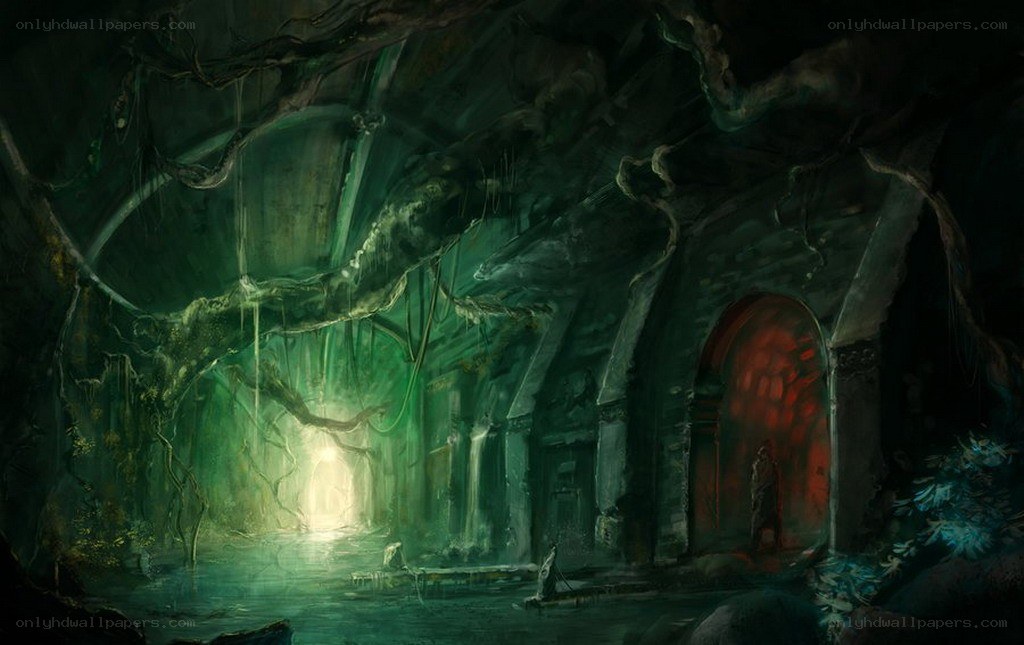 ancient cave with glowing green light