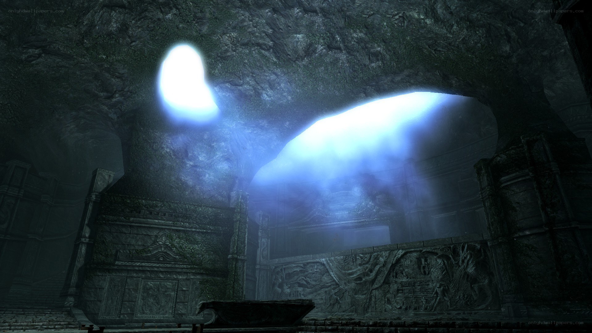 ancient cave with glowing light