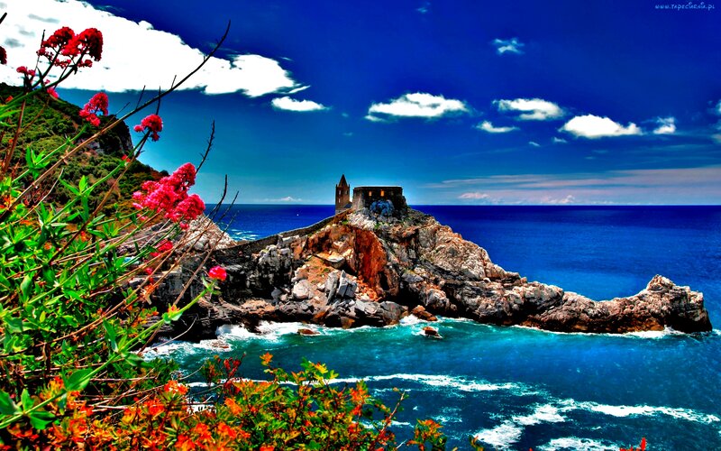 Ancient Chapel on Rocky Coast — Blue
