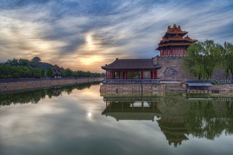 Ancient Chinese fortress at sunset
