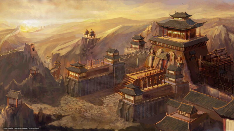 Ancient Chinese fortress at sunset