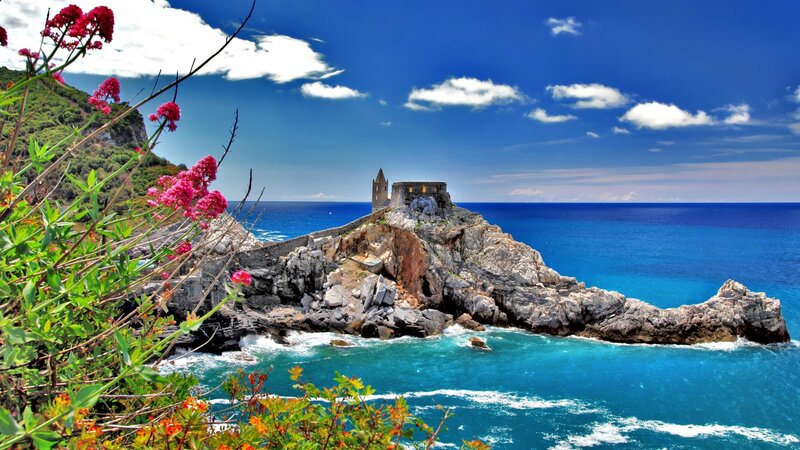 Ancient Church on Rocky Coast — Blue, Serene