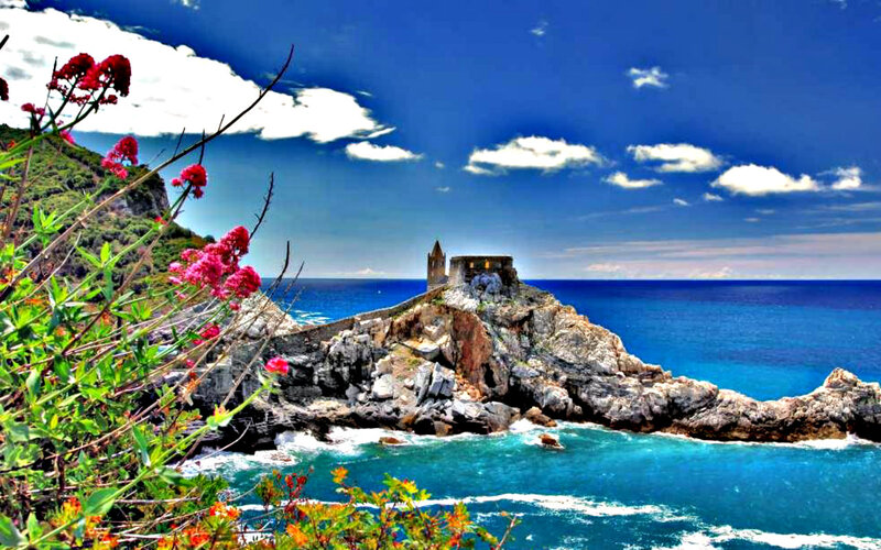 Ancient Church on Rocky Coast — Blue