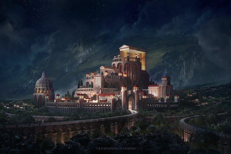 Ancient City at Night — Dark Blue, Dramatic, Digital Art, Mountains