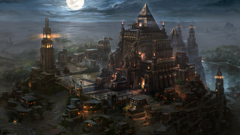 Ancient City at Night — Dark Blue, Dramatic, Digital Art