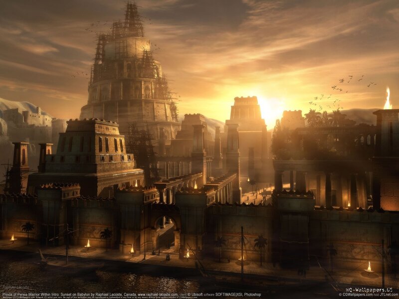 Ancient City at Sunset — Gold, Dramatic, Digital Art, Tower, Scaffolding, Palm Trees