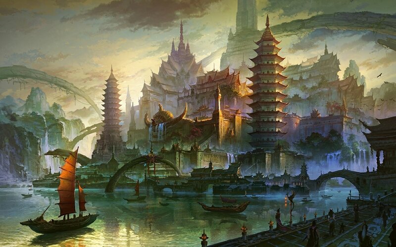 Ancient City by River — Green, Serene, Sunset