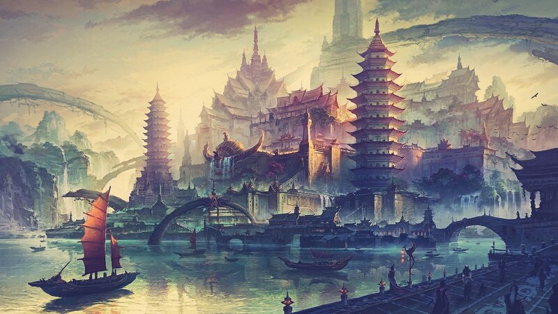 Ancient City by River — Yellow, Serene, Sunset, Digital Art
