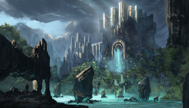 ancient city by the waterfall