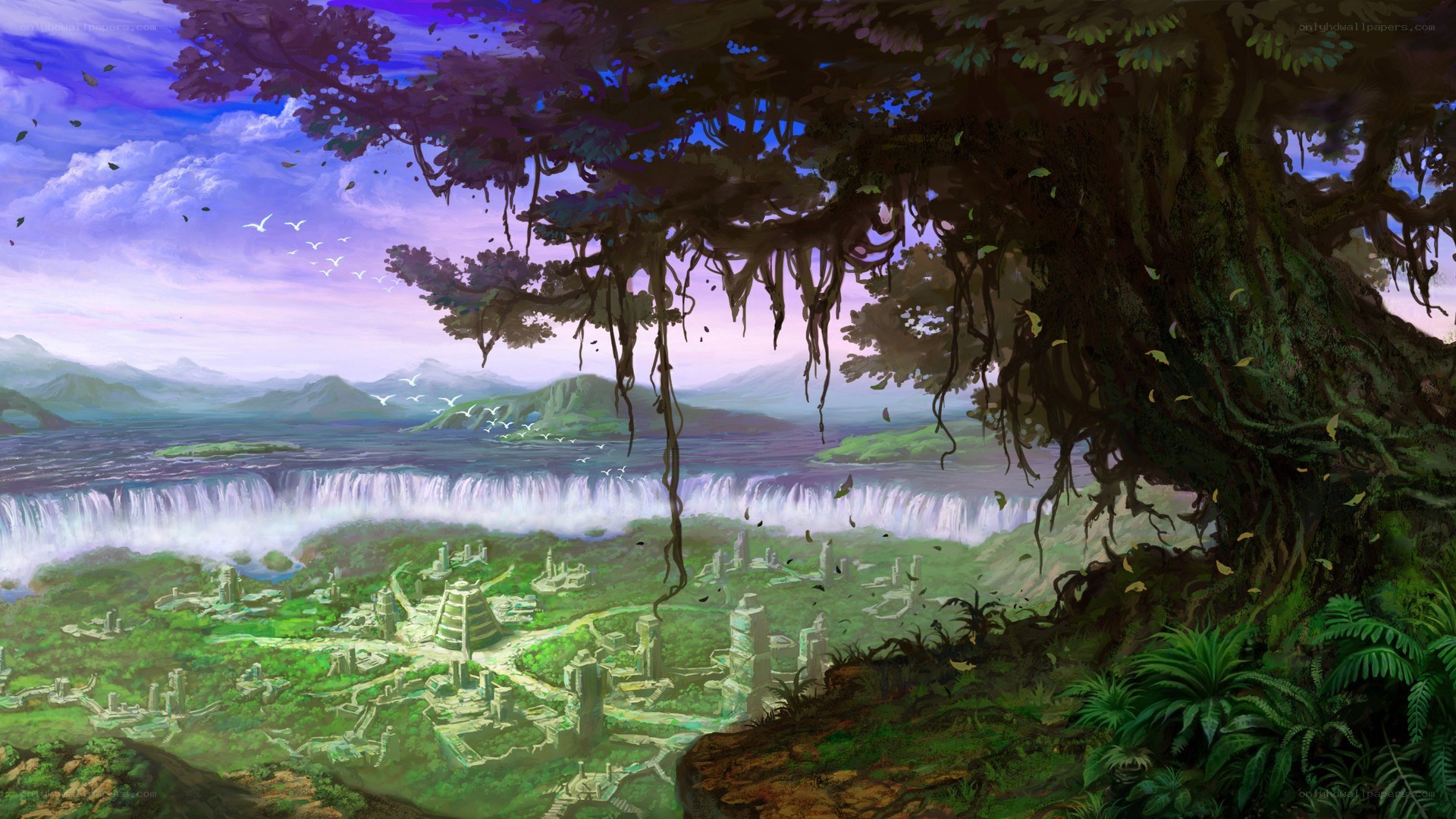 ancient city by waterfall