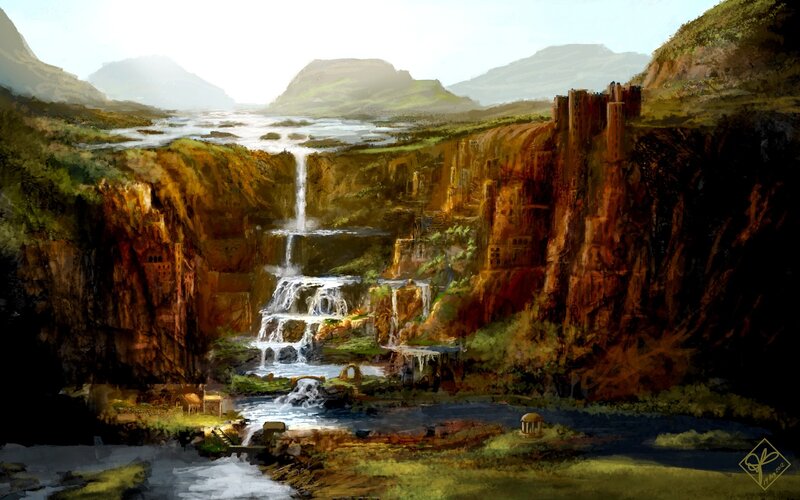 Ancient City by Waterfall — Brown