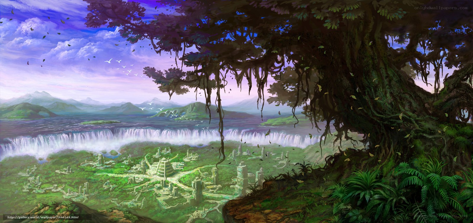 ancient city by waterfall