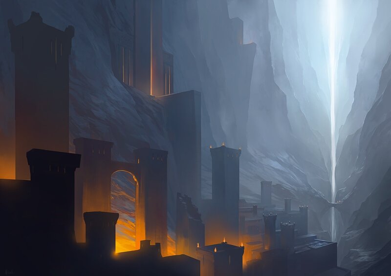Ancient City in Canyon — Gray, Dramatic, Night, Digital Art