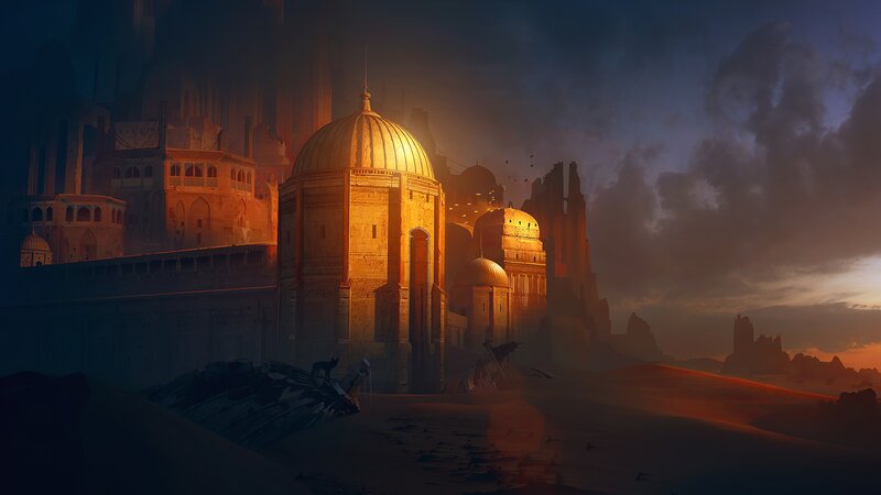 Ancient City in Desert — Orange, Dramatic, Sunset, Digital Art