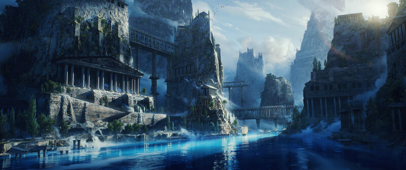 Ancient City on Cliffs — Blue, Serene