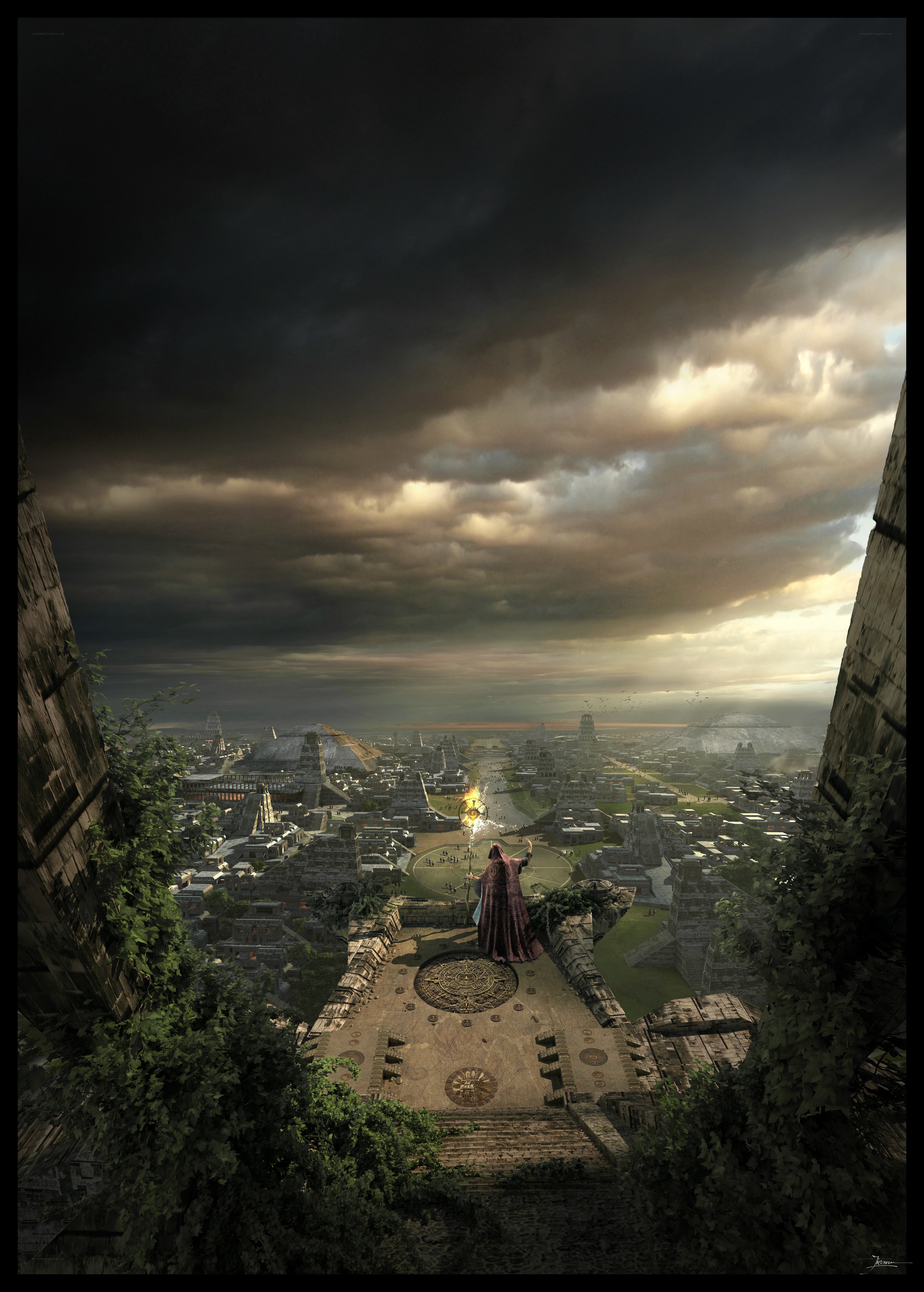 ancient city under stormy sky