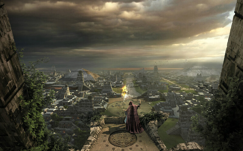 ancient city under stormy sky