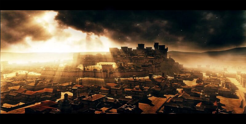 ancient city under stormy sky