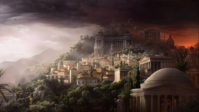 Ancient city under stormy sky
