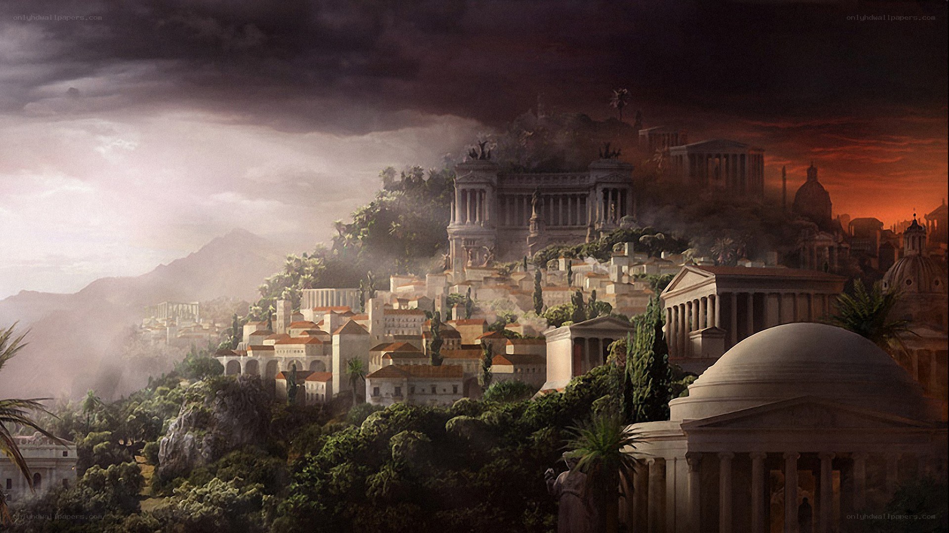 Ancient city under stormy sky