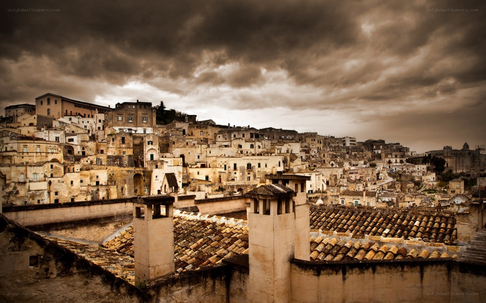 ancient city under stormy sky