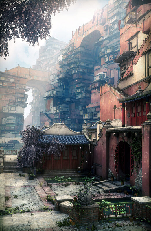 ancient city with floating buildings