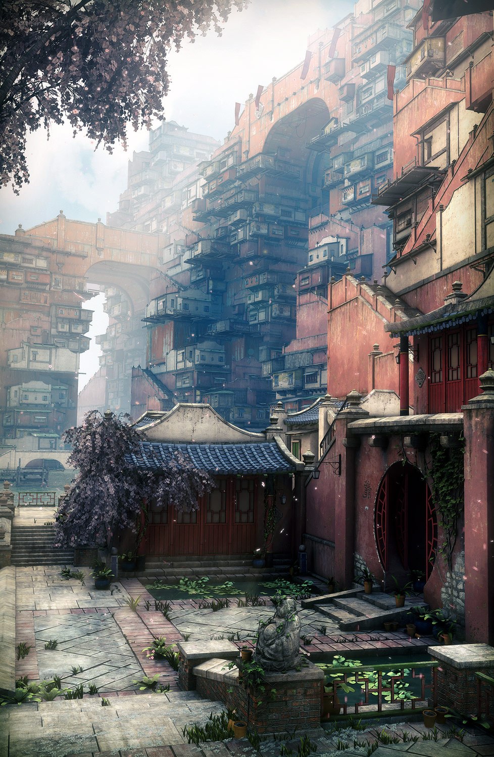 ancient city with floating buildings