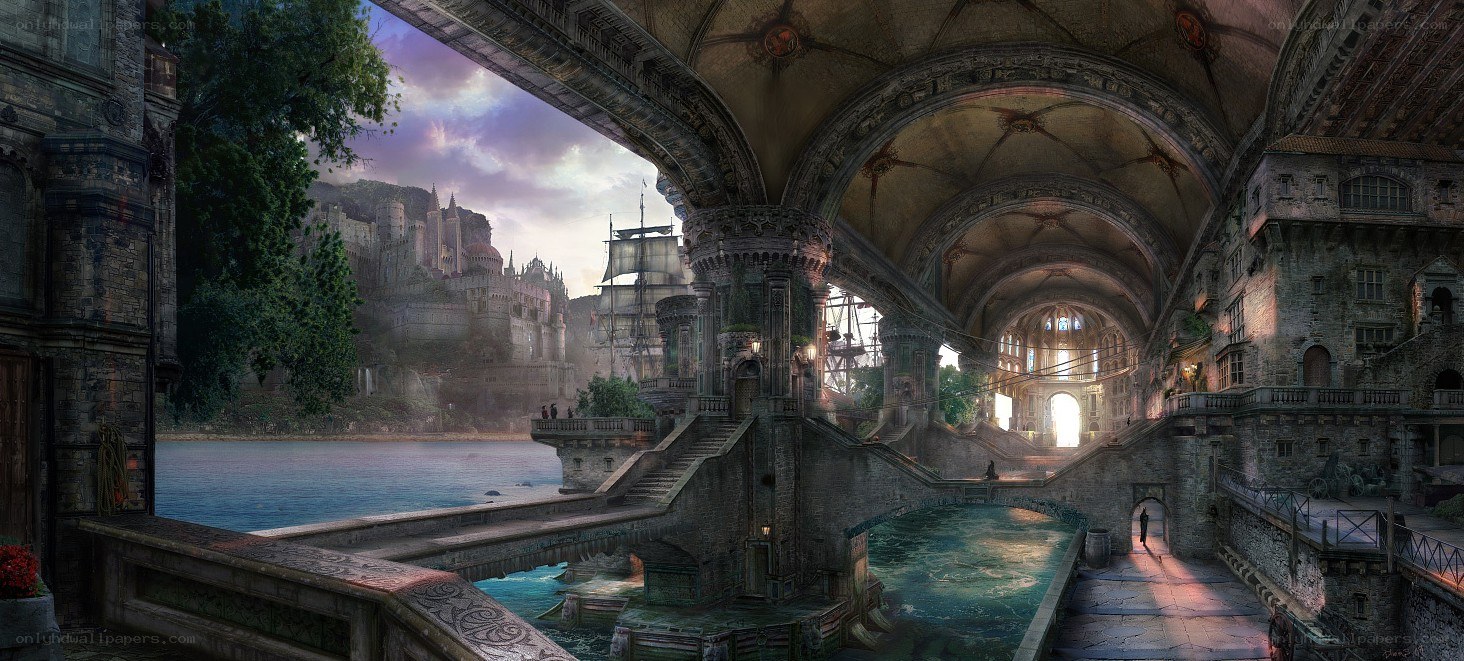ancient city with river and ship