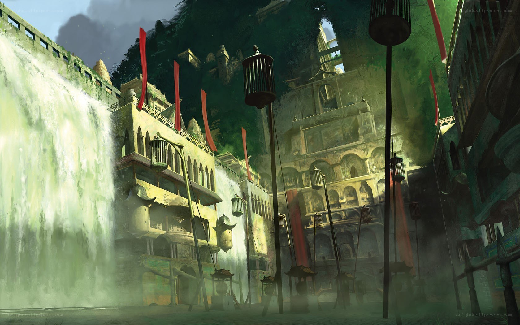 ancient city with waterfall