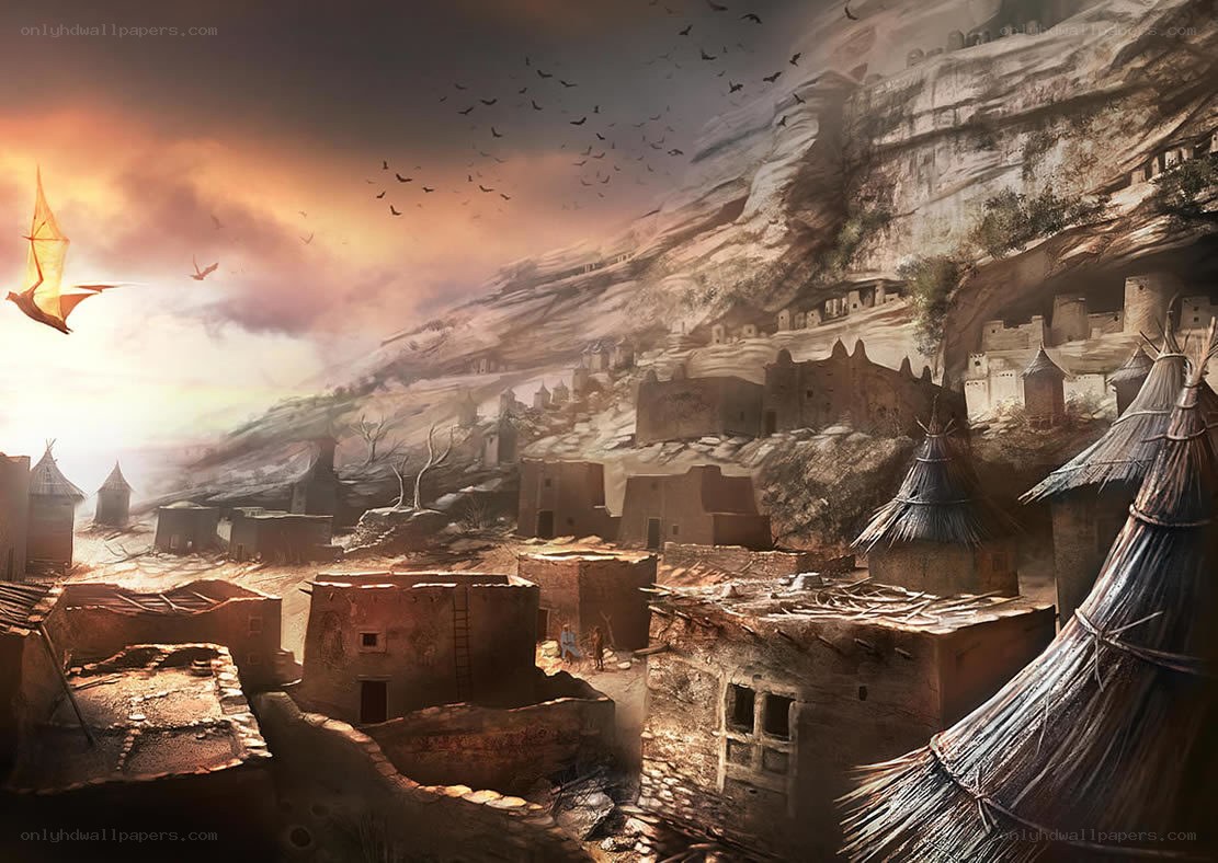 Ancient cliffside village at sunset