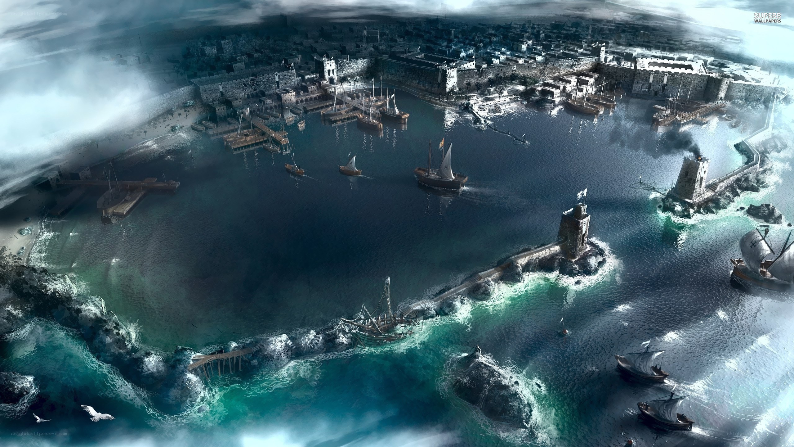 ancient coastal city under storm