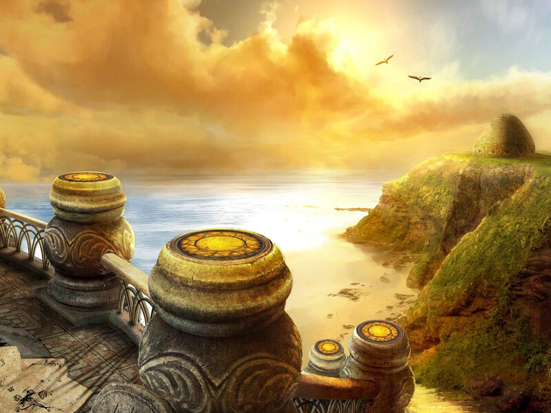 ancient coastal ruins at sunset