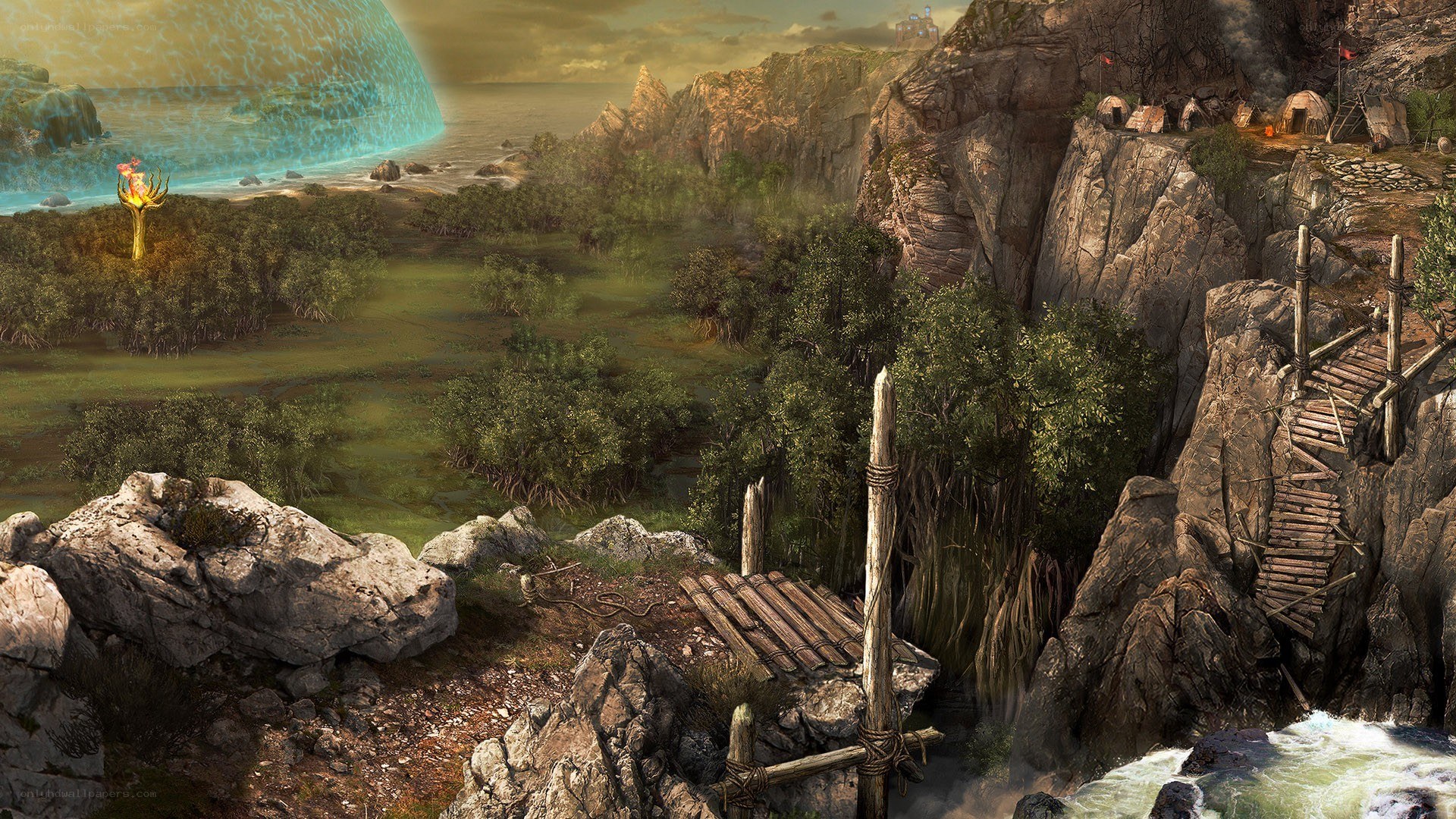 ancient coastal village scene