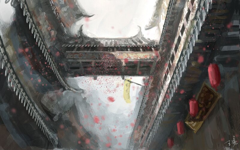 ancient courtyard with red petals